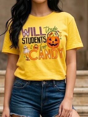 Yellow Halloween Graphic Adult T-Shirt - Will Trade Students for Candy